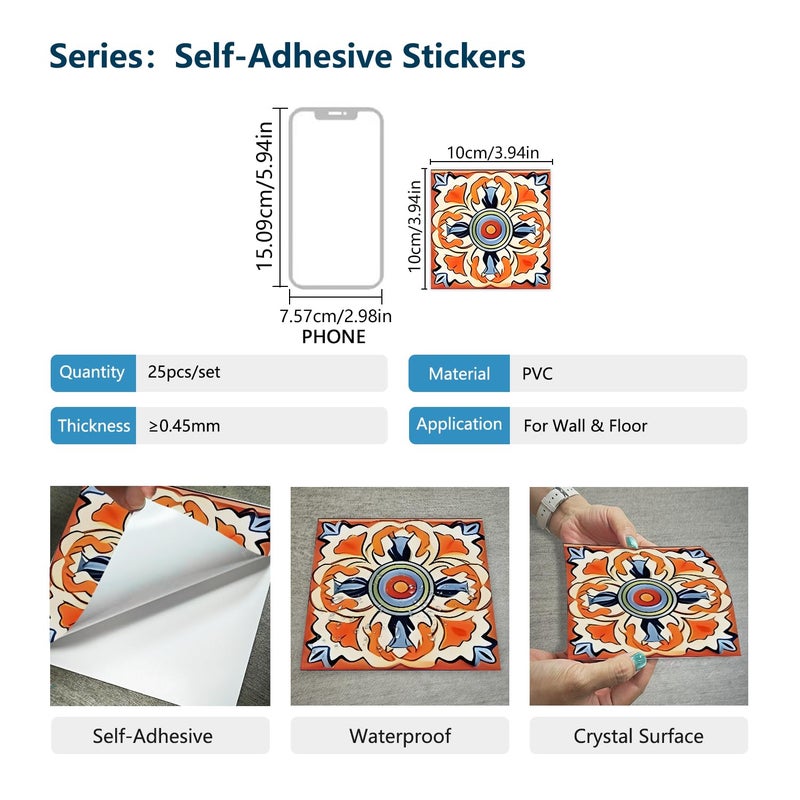 Jacklove 25 PCS Moroccan Style Tile Sticker, 4x4 Inch(10x10cm) Traditional DIY Murals, Tile Waterproof Oil Proof Removable Decals for Bathroom & Kitchen Backsplash (TS-212) - Image 1